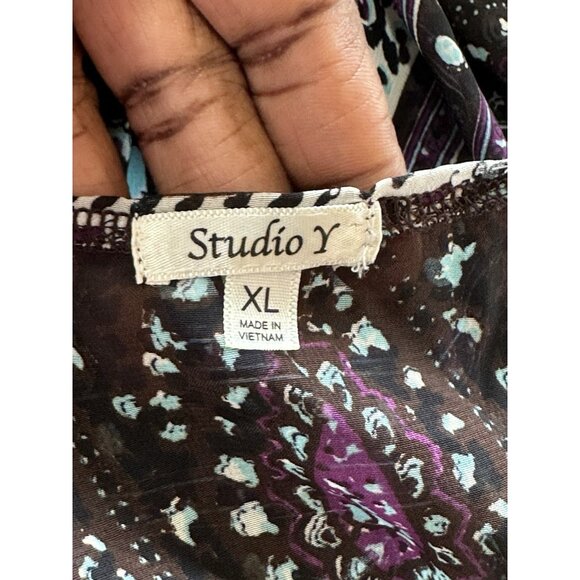 Studio Y Sheer Floral Paisley Beaded Blouse V Neck Sz XL Purple Whimsigoth - Picture 5 of 11